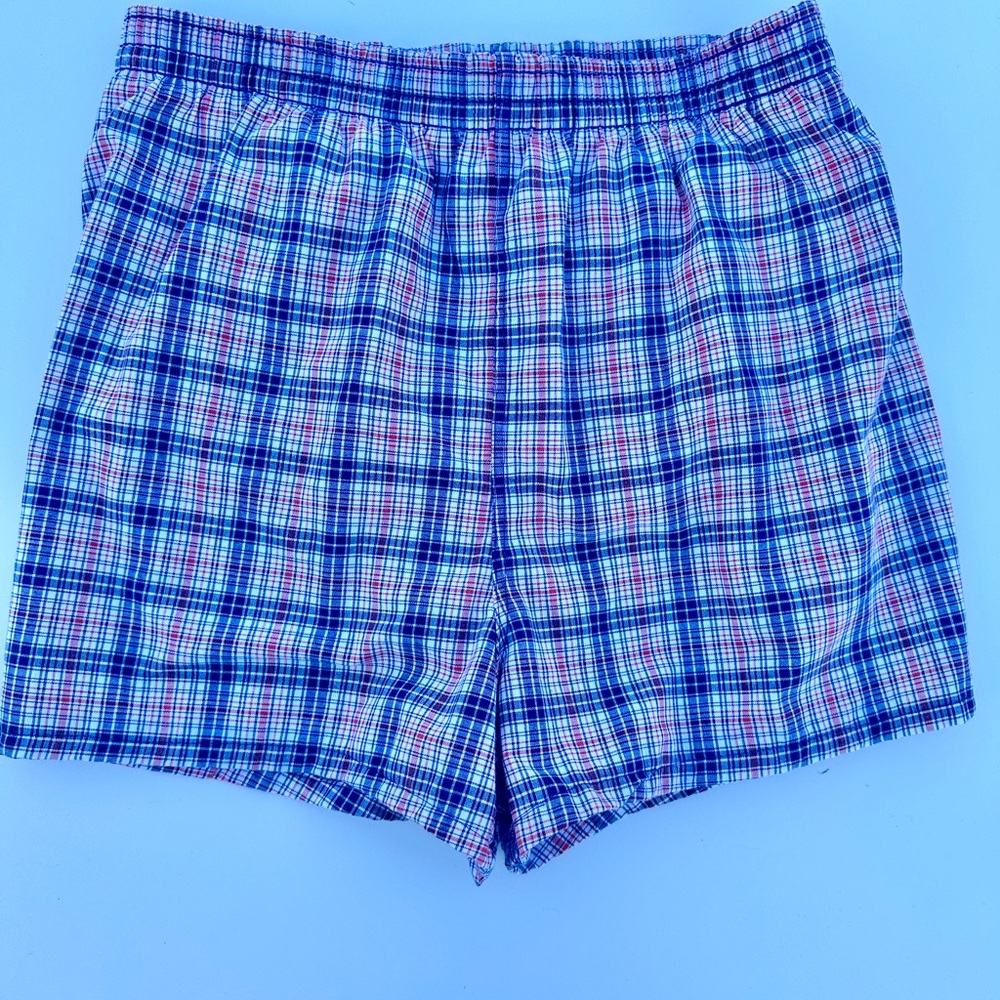 Towncraft Multicolor Plaid Men's Shorts Swim Lined 70s Vintage Red Whote Blue L